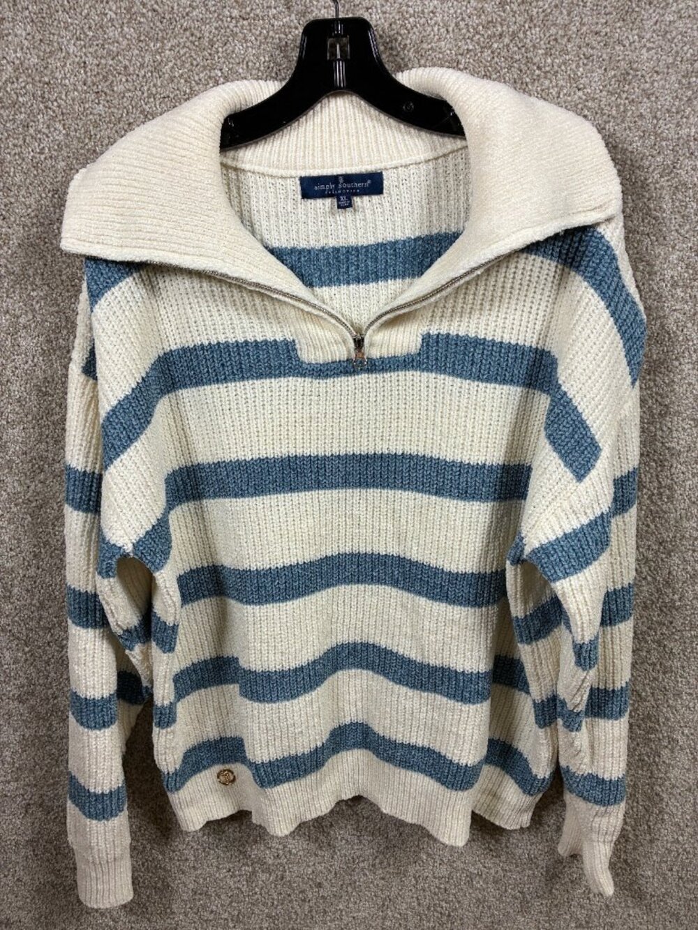 Simply Southern Women XL Cream Blue Striped Quarter Zip Oversized Collar Sweater
